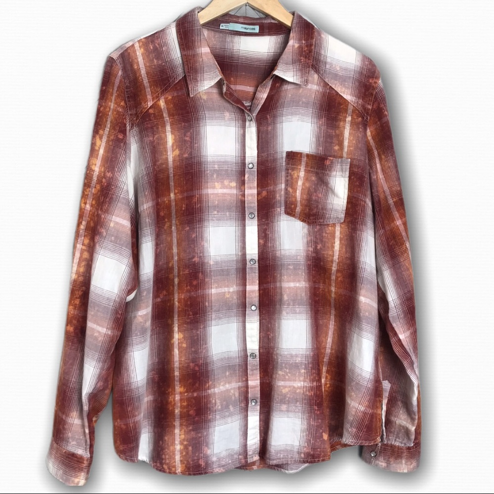 Maurices Pearl Snap Shirt Plaid Red Orange Top